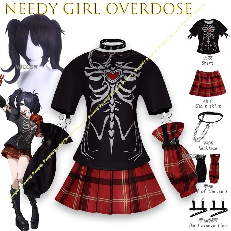 

Костюм для косплея Needy Girl Overdose Black KAngel Ame Y2K в стиле доджин, панк-стиль, наряд стримерши для женщин с париком и юбкой