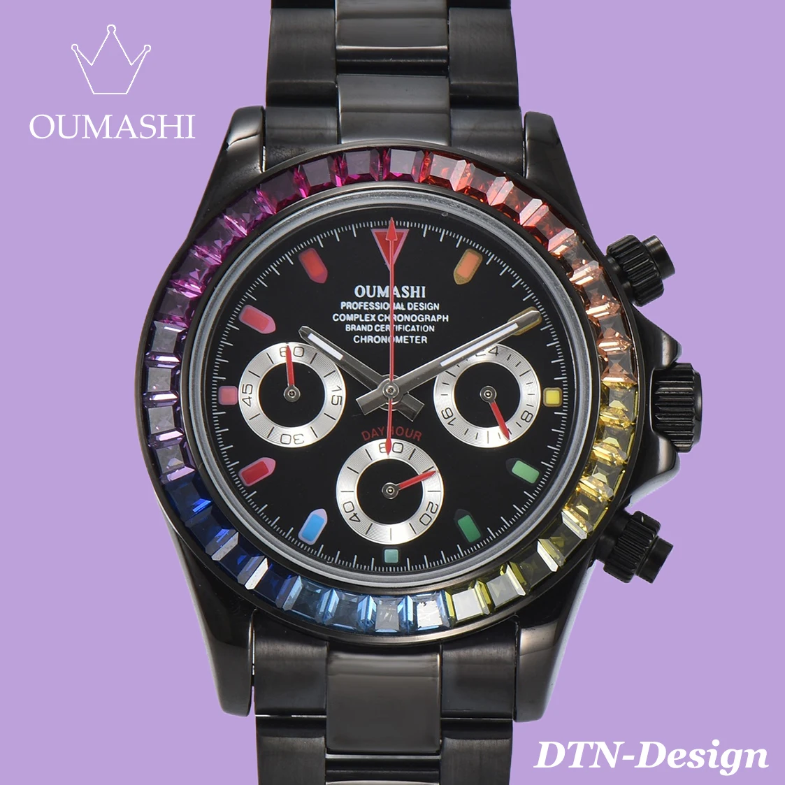 OUMASHI Design Modified VK63 Colourful Diamonds Gemstone Watch Top Men's Sport Quartz Watch Sapphire 316 Steel