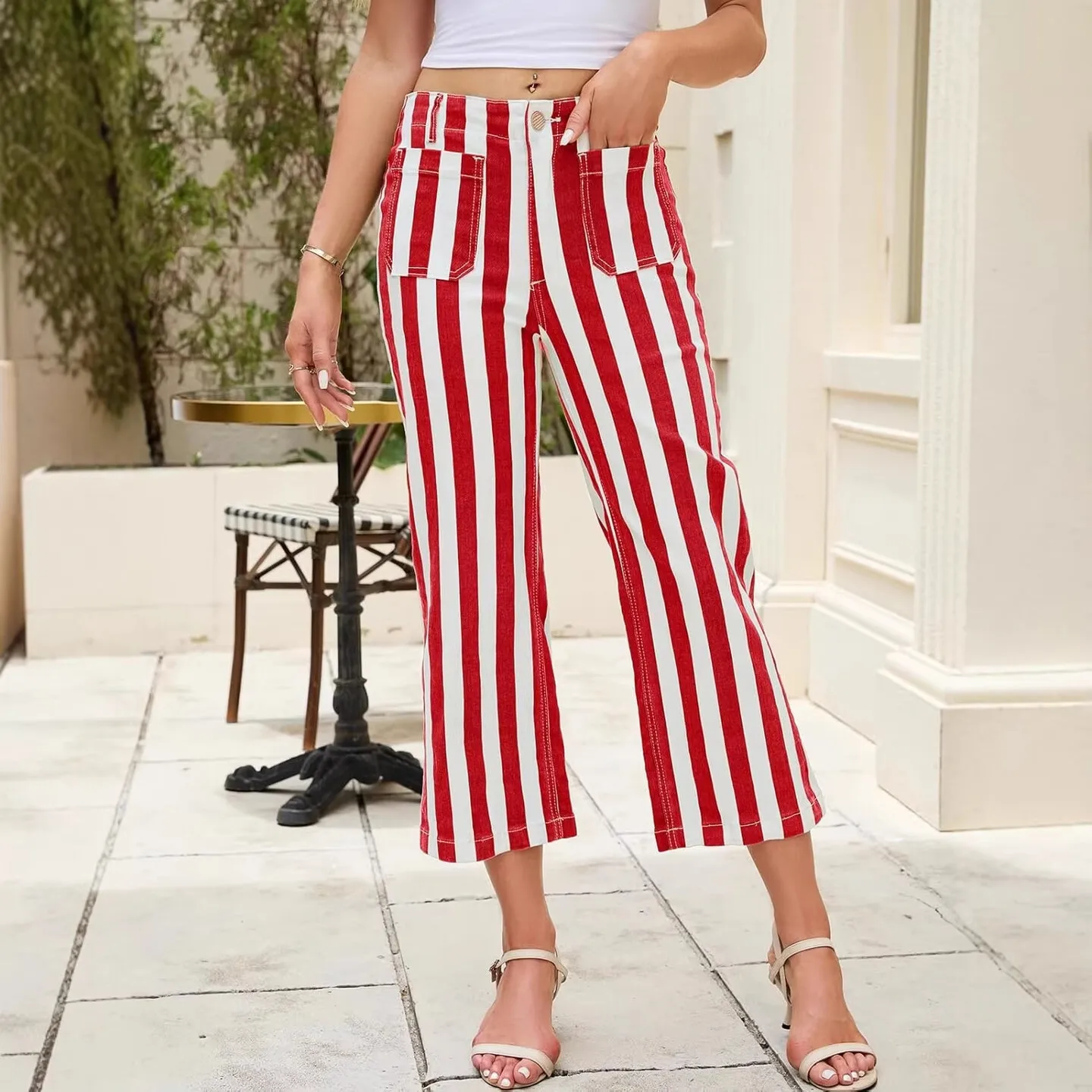 Women's Casual High-Waisted Striped Wide-Leg Jeans Trousers Fashionable And Comfortable Ladies' Denim Pants