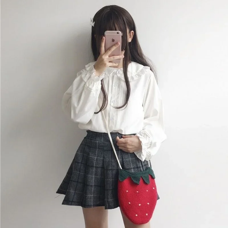 White Shirt Women Kawaii Peter Pan Collar Blouses Button Up Long Sleeve Cute Ruffle Tops Lolita Style Mori Girl Aesthetic