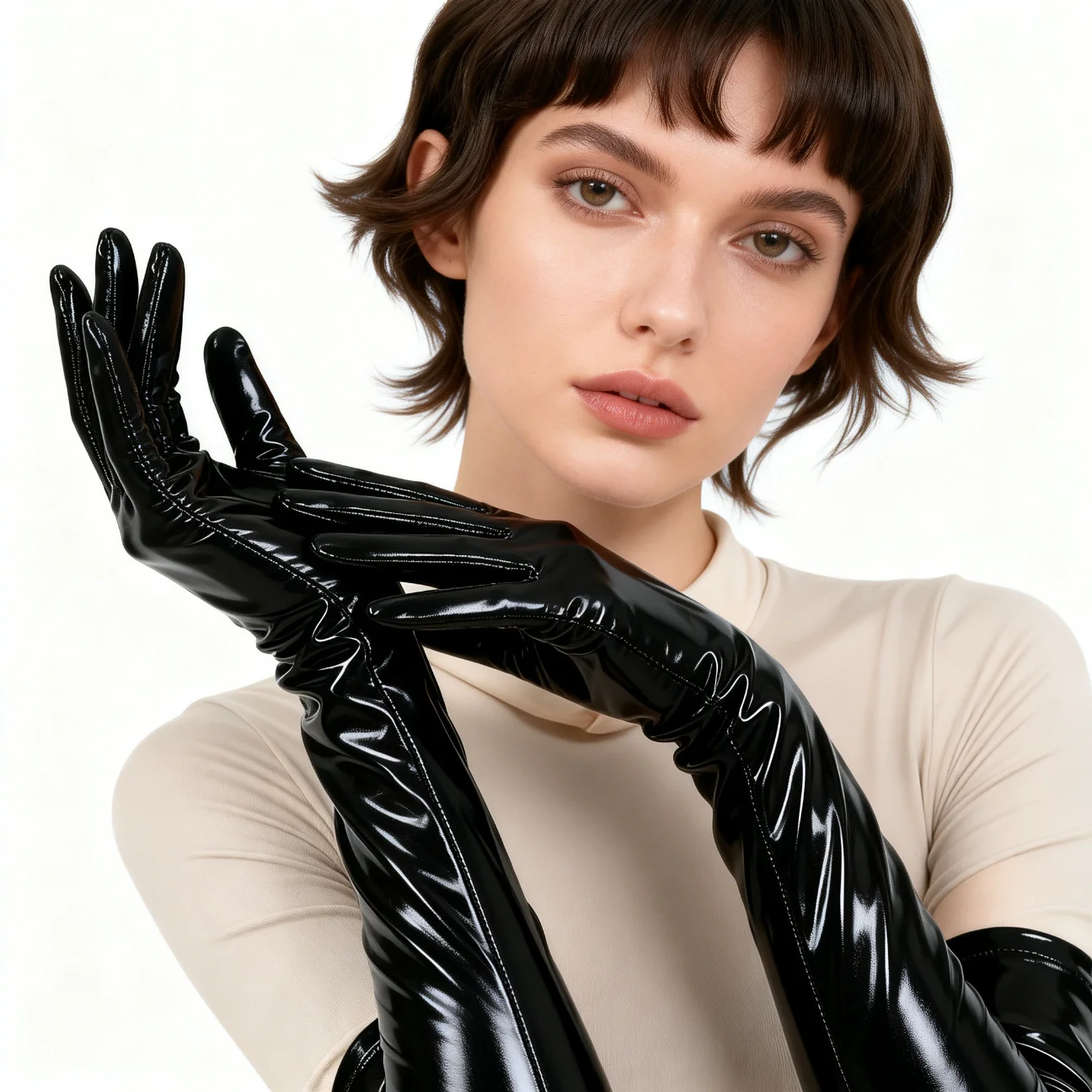 女性のセクシーなフェイクレザー手袋ウェットルック-pvc-光沢のあるラテックスロング手袋ミトンクラブウェアコスプレステージアクセサリーオペラ衣装