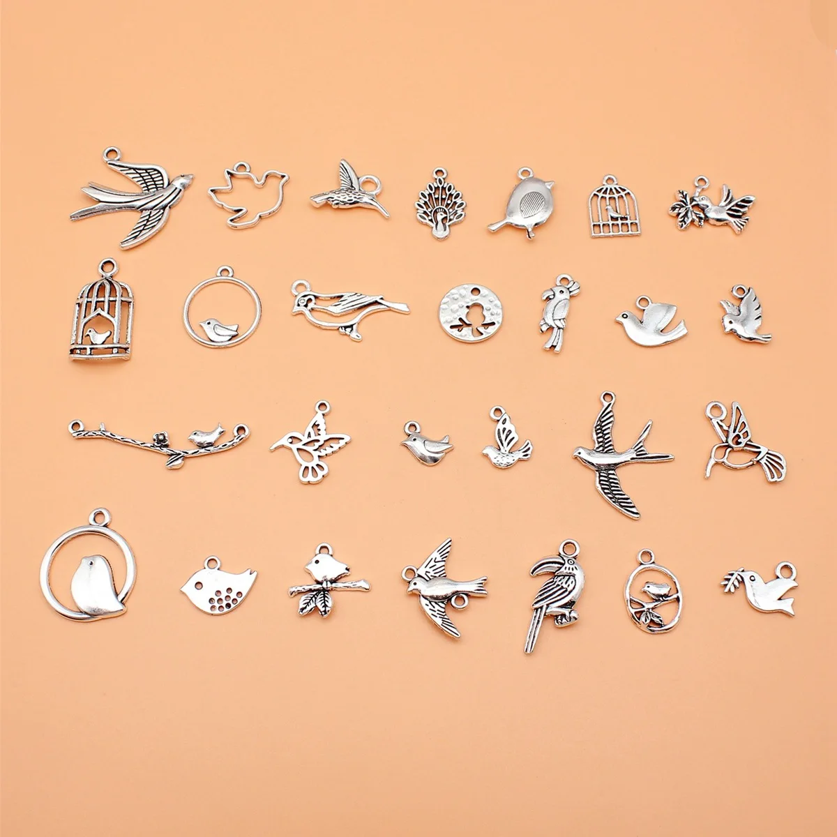 250Pcs/Bag 27 Styles Antique Silver Color Bird Swallow Pigeon Hummingbird Toucan Charms Pendant Diy Jewelry Accessories