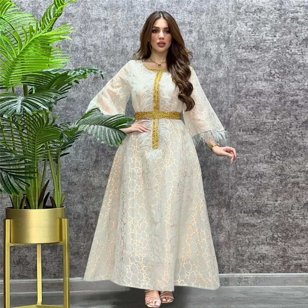 Dubai Diamonds Abaya Feather Kaftan Winter Autumn Muslim Dress Women Loose Evening Gown Eid Islamic Jalabiya Arabic Robe Caftan