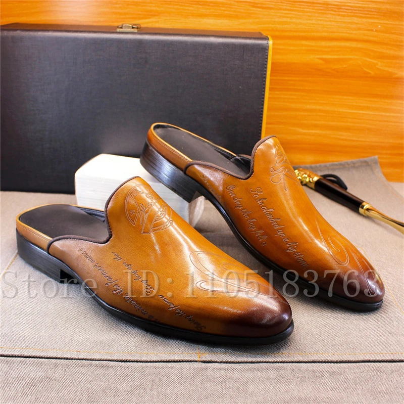 Men's Genuine Leather Pointed Toe Mules, Handmade Embossed Backless Loafers, Slip-On Dress Shoes for Business & Casual
