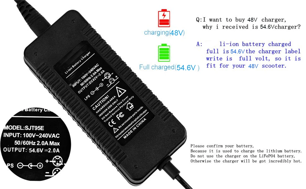 54.6V 2Amp  Lithium battery Charger for Fast  Safe Charging of  48V 13S Li-ion Battery-Compatible with Balancing