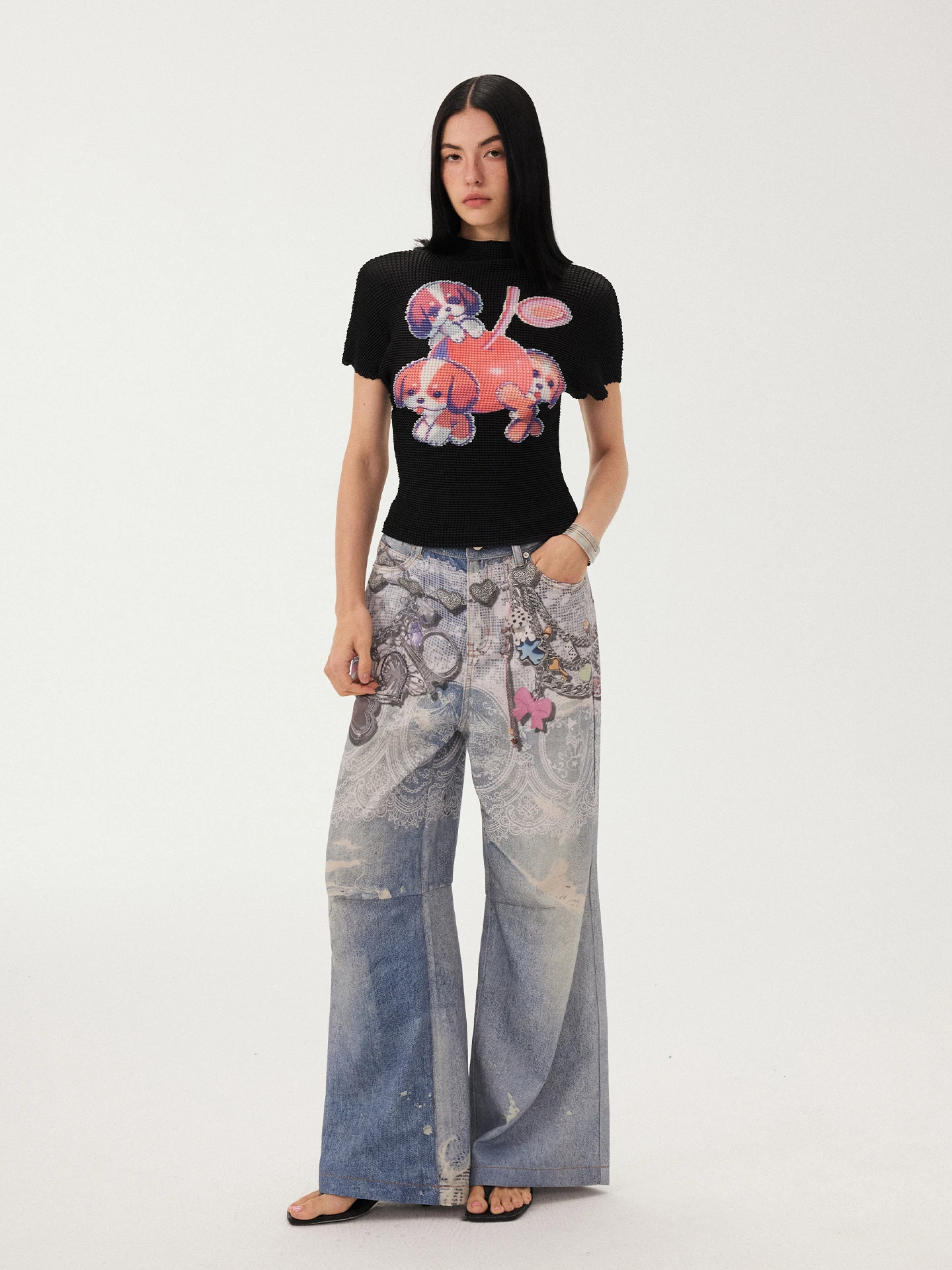 DIDDI MODA Summer 2026 Digital Print Wide Leg Blue Jeans Women's Fun Chain Patterned Casual High Waist Trousers