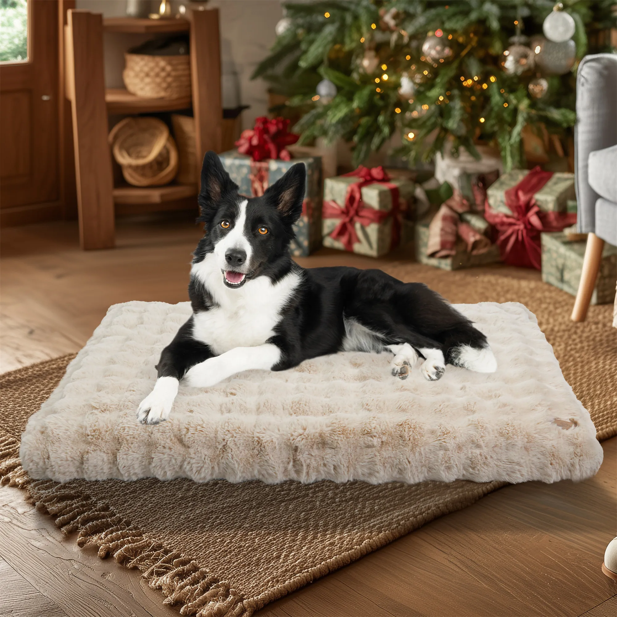 Fluffy Dog Crate Bed for Extra Large Dogs, Plush Faux Fur Crate Pad, Calming Anti Anxiety Dog Bed, Washable Soft Warm Crate