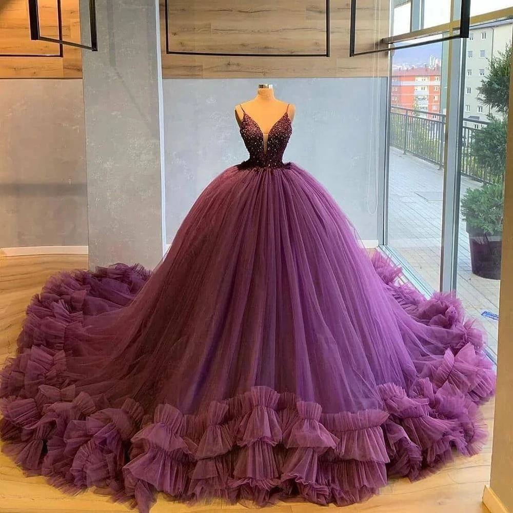 Robe de soirée en Tulle pour femmes, tenue de bal de standing, col en V, à volants, violet, bleu marine, grande taille, magnifique, Vintage, Sexy, 2022