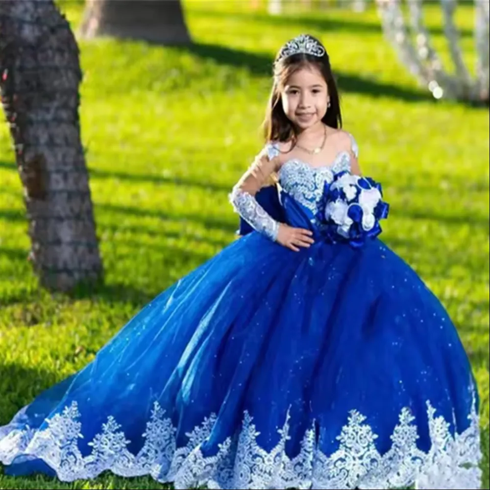 

Luxury Flower Girl Wedding Dress Appliques Lace Full Sleeves with Bow Princess Pageant Party Dress Kids First Communion Gown