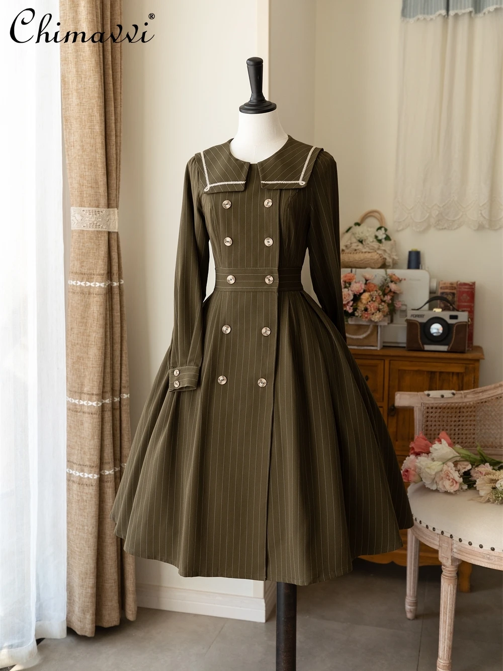 

Original CLA Retro Coat Dress Autumn and Winter New Fashion Lapel Long Sleeve Double Breasted High Waist Mid-length Lolita Dress