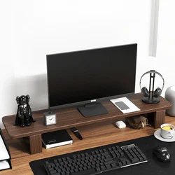 Walnut Color Desktop Computer Monitor – Raised Frame, Solid Wood Office Space Saving, Convenient Management, Desktop Organizer