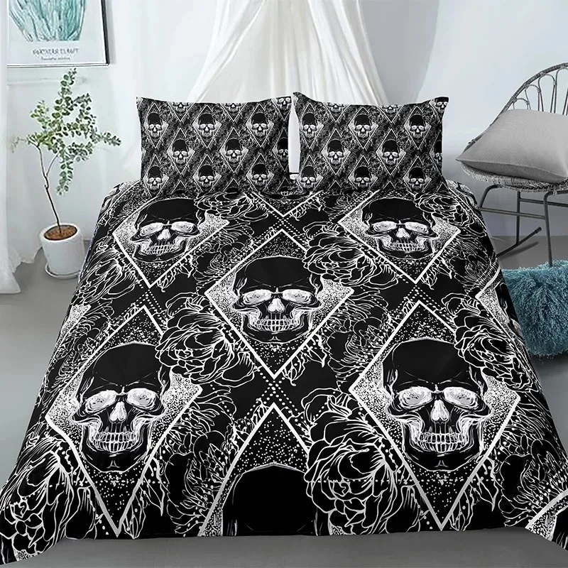 Skull Duvet Cover King, Halloween Comforter Cover,Gothic Fog Smoke Skull Skeleton Bedding Set,Grey Quilt Cover Room Decor