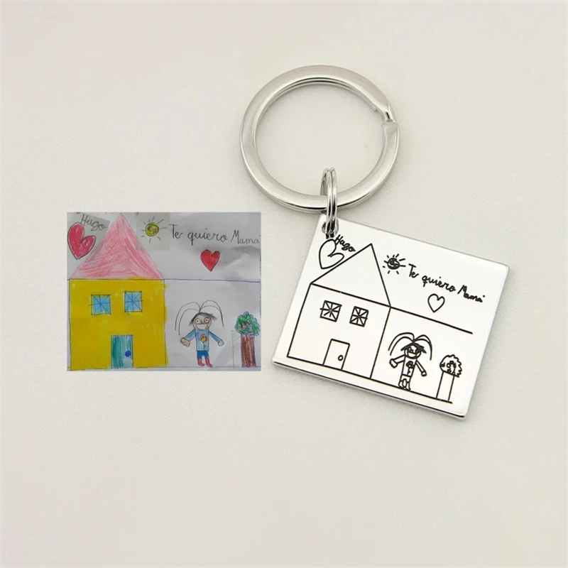 Dainty Custom Children Cartoon Drawing Cut Pendant Key Chain Stainless Steel Logo Photo Keychain Kids Memorial Gift Accessories