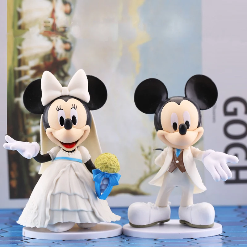 Disney Cartoon White wedding dress Minnie Princess Action Figure Dolls with base Mickey Mouse Model Birthday  Cake decoration