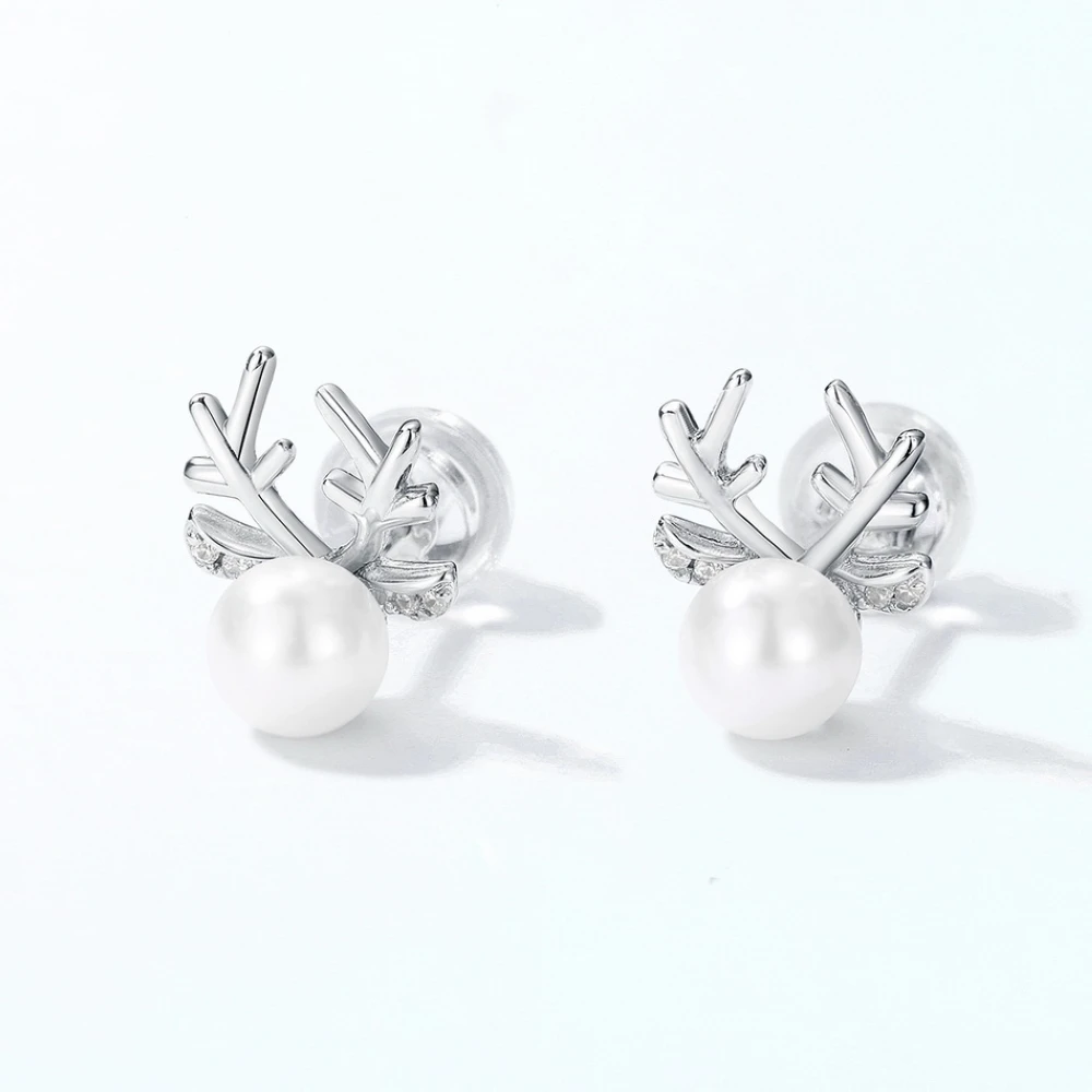 ALLNOEL 925 Sterling Silver Stud Earrings for Women 5-5.5mm Shell Pearl Reindeer Antlers Animal Christmas Gifts Original Jewelry