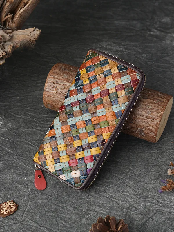 leather-woven-long-wallet-large-capacity-multi-card-zipper-men's-wallet-square-shape-calfskin-leather-youth-universal