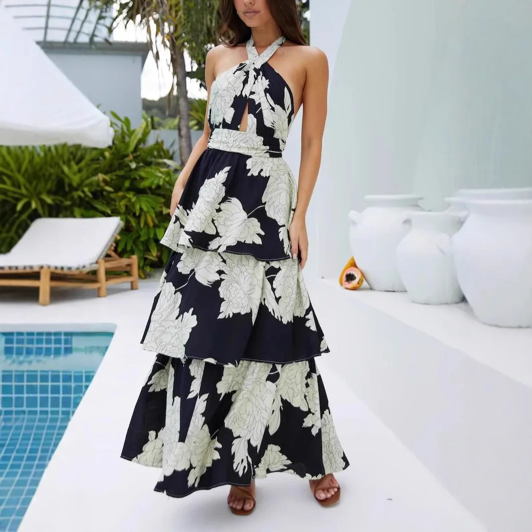 Sexy Print Tiered Ruffle Dress Women Spring Summer Long Tie Front Maxi Dress