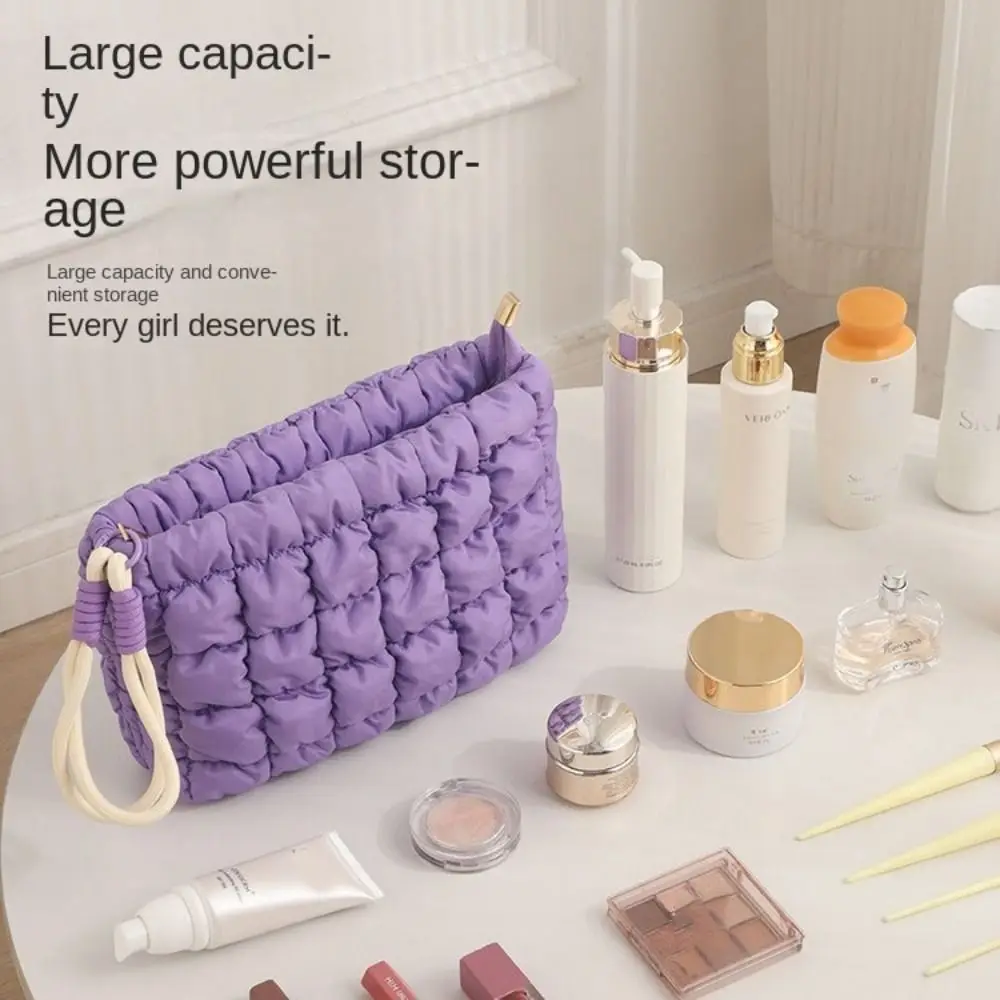 Portable Korean Style Puffy Makeup Pouch Solid Color With Zipper Cloud Handbag Large Capacity Soft Cosmetic Bag Women Girls