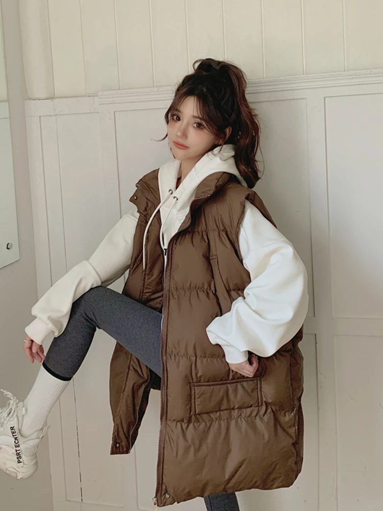 

Женская утепленная куртка-жилет больших размеров из хлопка, средней длины, зимняя верхняя одежда, комфортная, в корейском стиле, свободного кроя, с наполнителем из полиэстера