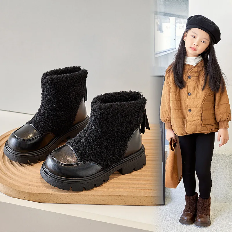 Girls' Fleece Shoes 2024 Winter Fashionable and Comfortable Cotton Boots for Children and Girls Anti-slip Warm Casual Shoes