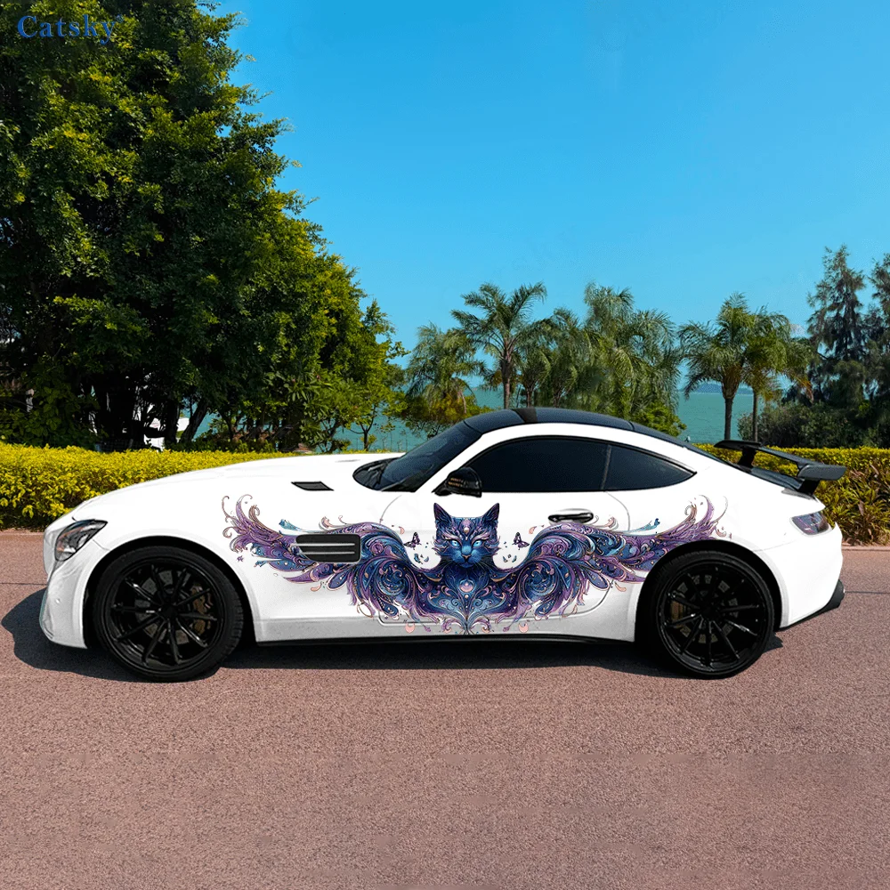 

Фэнтезийный фиолетовый крылатый кот, автомобильные виниловые наклейки, самоклеящаяся наклейка из ПВХ, подходит для грузовиков, внедорожников, декор, автоаксессуары, подарок