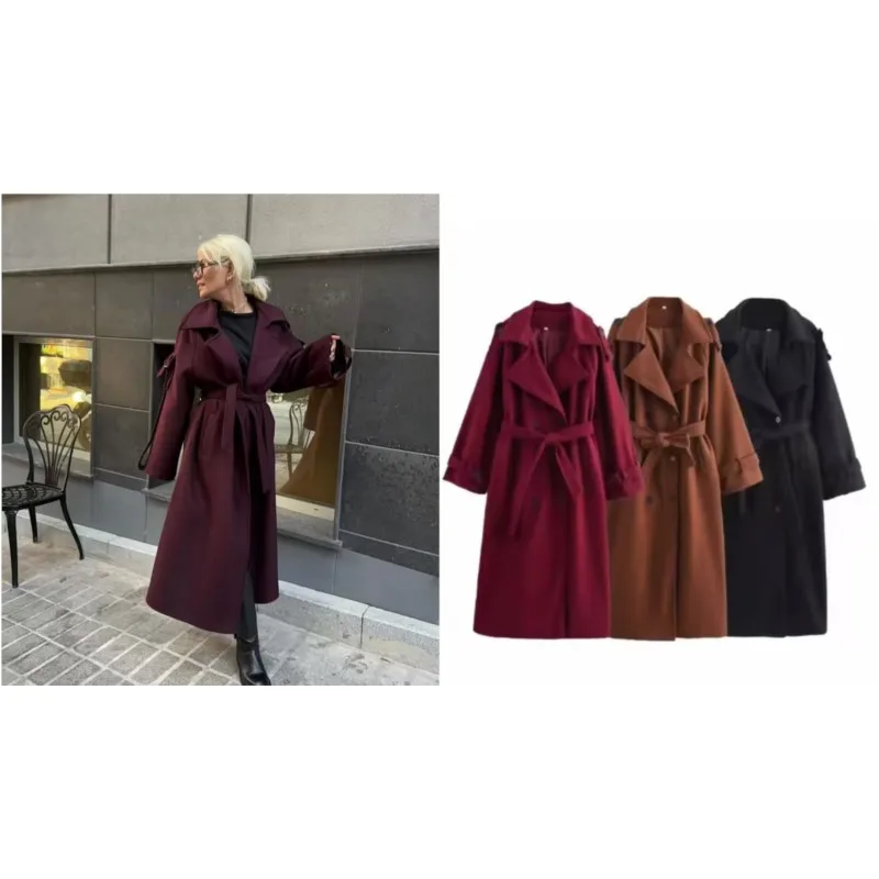 

Autumn Winter Women Double Breasted Coat with Belt Pocket Turn Down Collar Women's Overcoat Female Outerwear