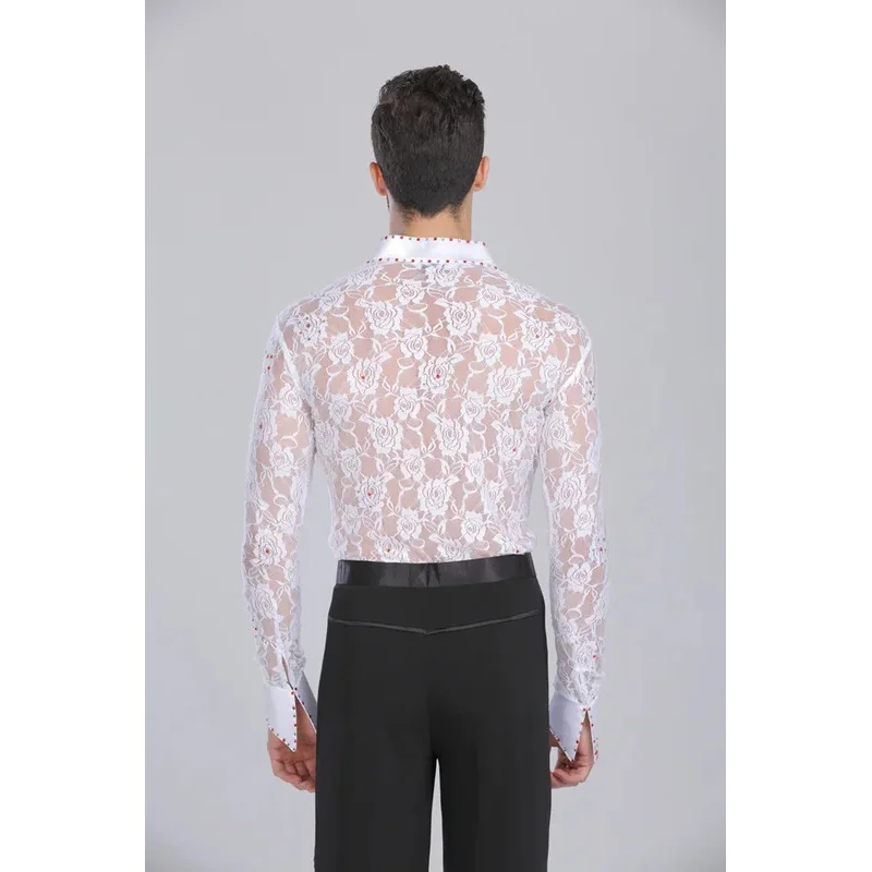 DY20Men اللاتينية الرقص الدانتيل أبيض وأسود الملابس الرقص الفالس قاعة الرقص الملابس الأداء اللاتينية رجل قمصان الملابس أعلى عموم