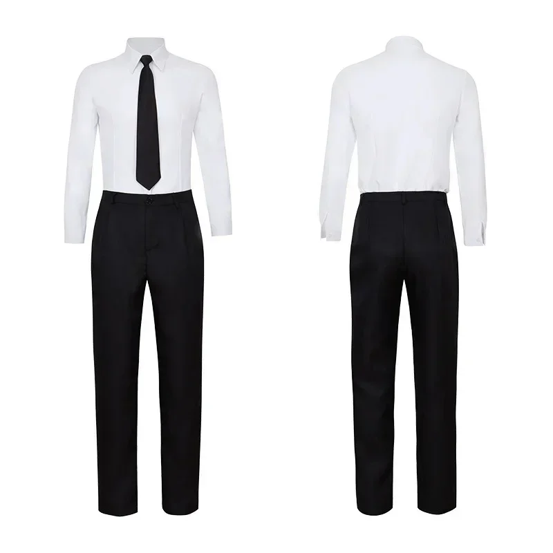 Wat22 anime motosserra homem cosplay traje preto trench camisa gravata calças makila peruca longa luz vermelha trança masculino wom novo 2025 aa