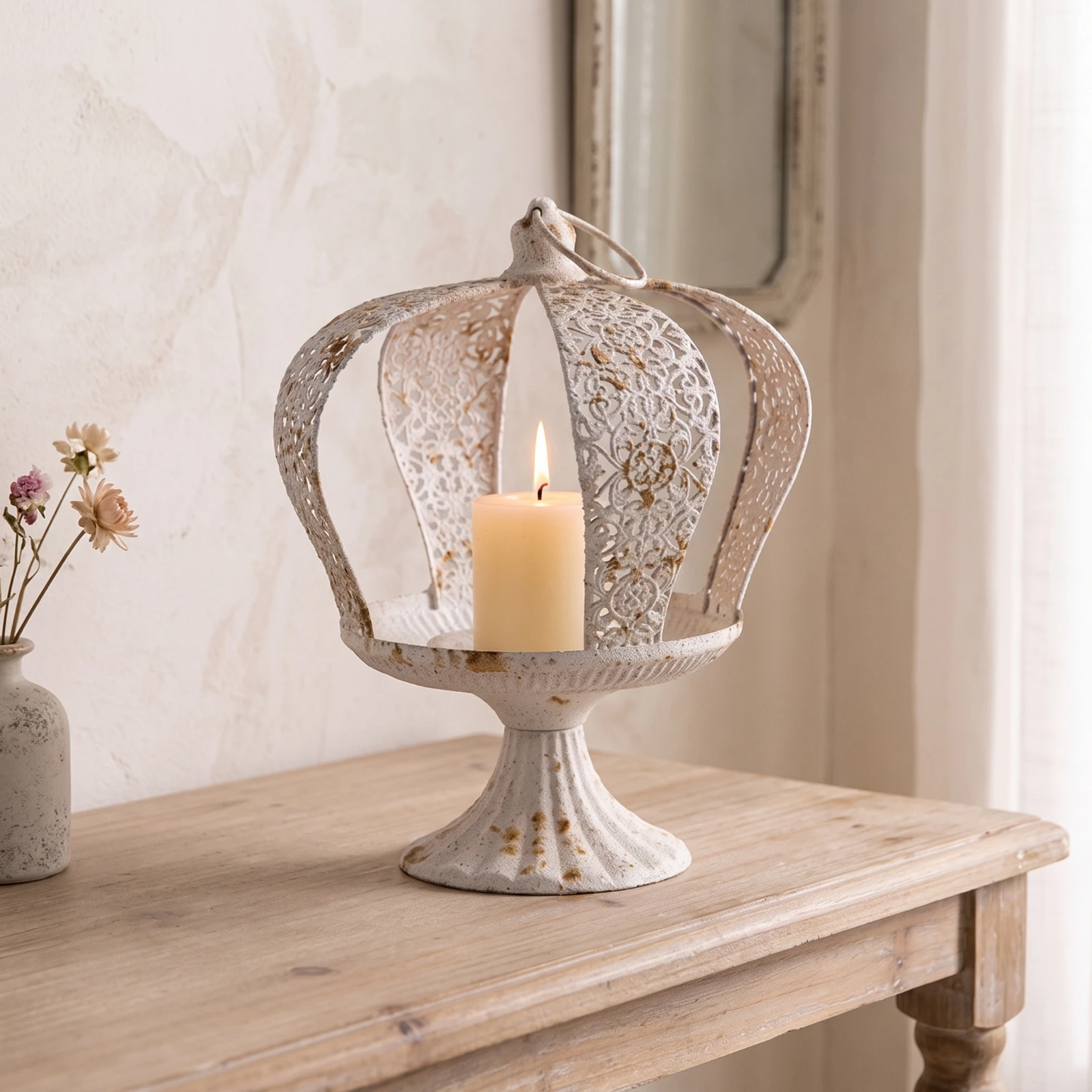 Crown Candle Holder Antique Style Candle Holder with Pedestal Crown Glass Candlestick Tabletop Glass Candlestick Decorative