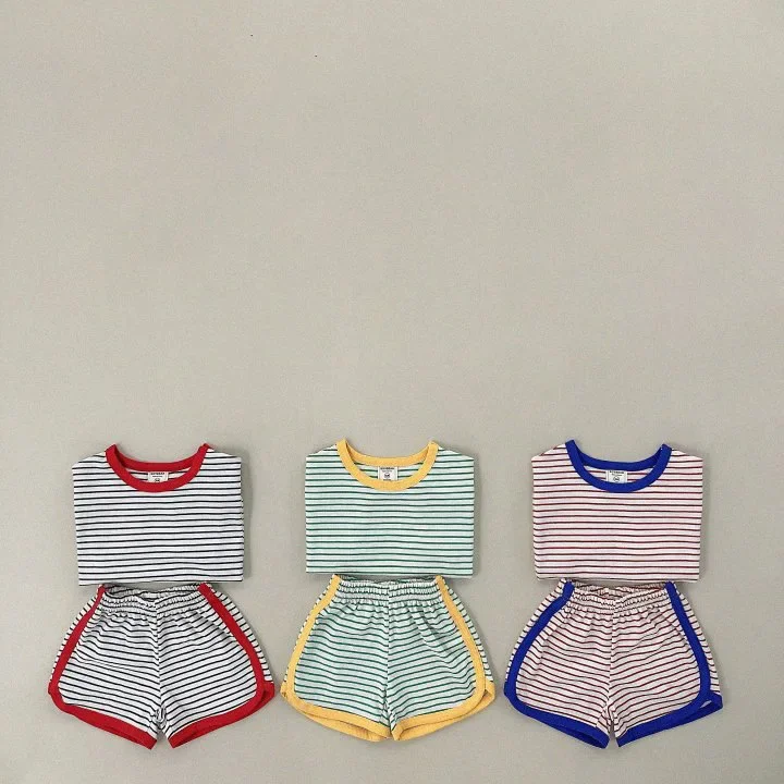 Children Clothing Set 2024 Summer New Fashionable Korean Style Cute Striped Color Matching Thin Boys and Girls Two-piece Set