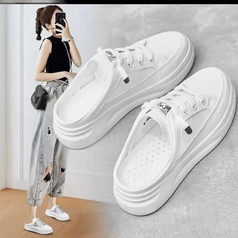 New Arrivals Mesh Shoes Fashion White Shoes Female Style Lat-soled Wild Flat-bottomed Summer Thin Section Baotou Half Slippers