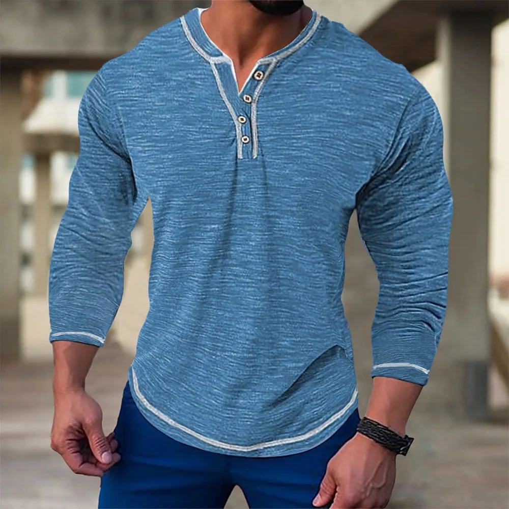 Autumn Cotton Long-sleeved T-shirts for Men Pullovers Casual Men's Sweatshirts Elastic V-neck Button Up T-shirts Male