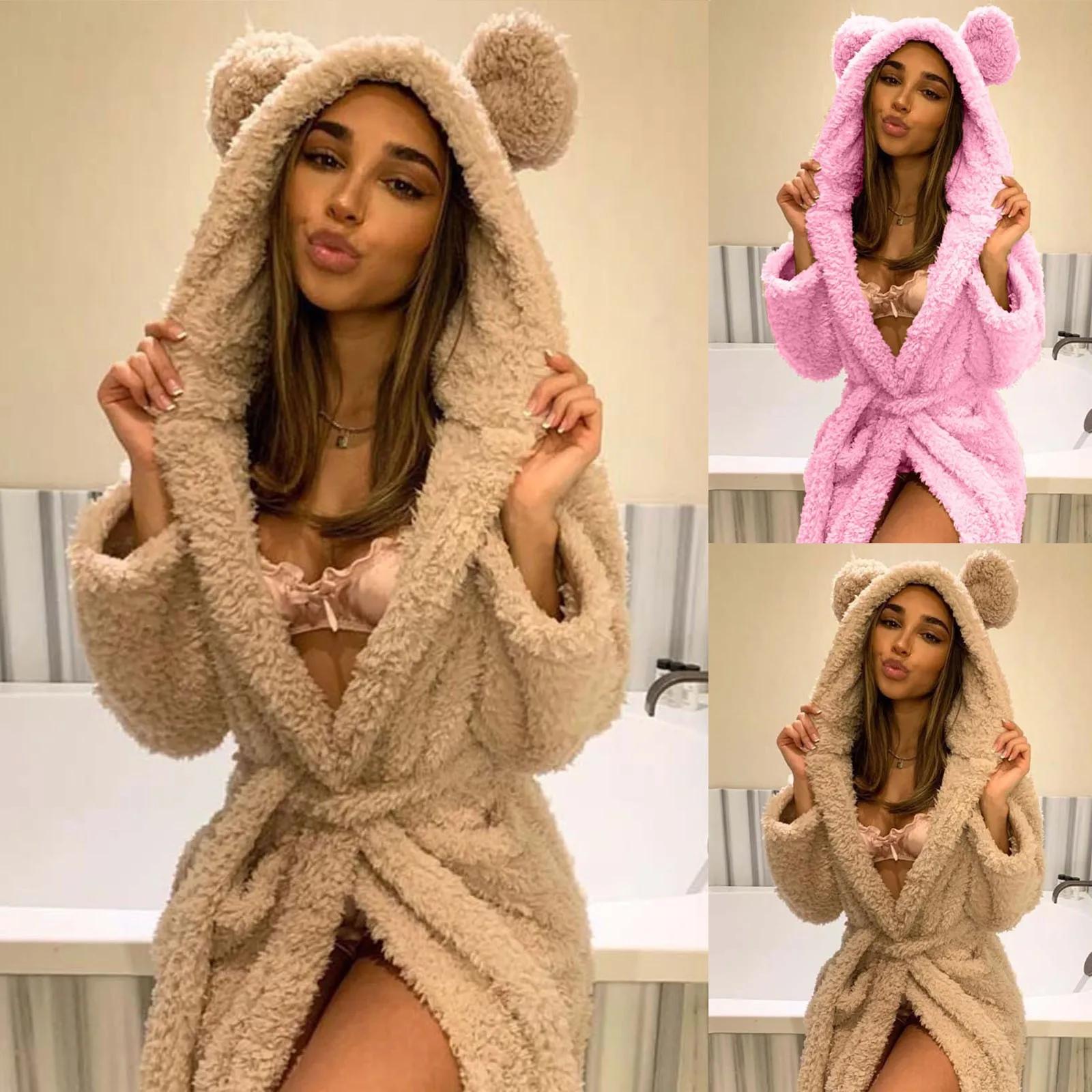 Winter Robe Ladies Dressing Gown Fluffy Bathrobe Hooded Bathrobe Pyjamas Women Bathrobe Winter Pyjamas Female Home Clothing