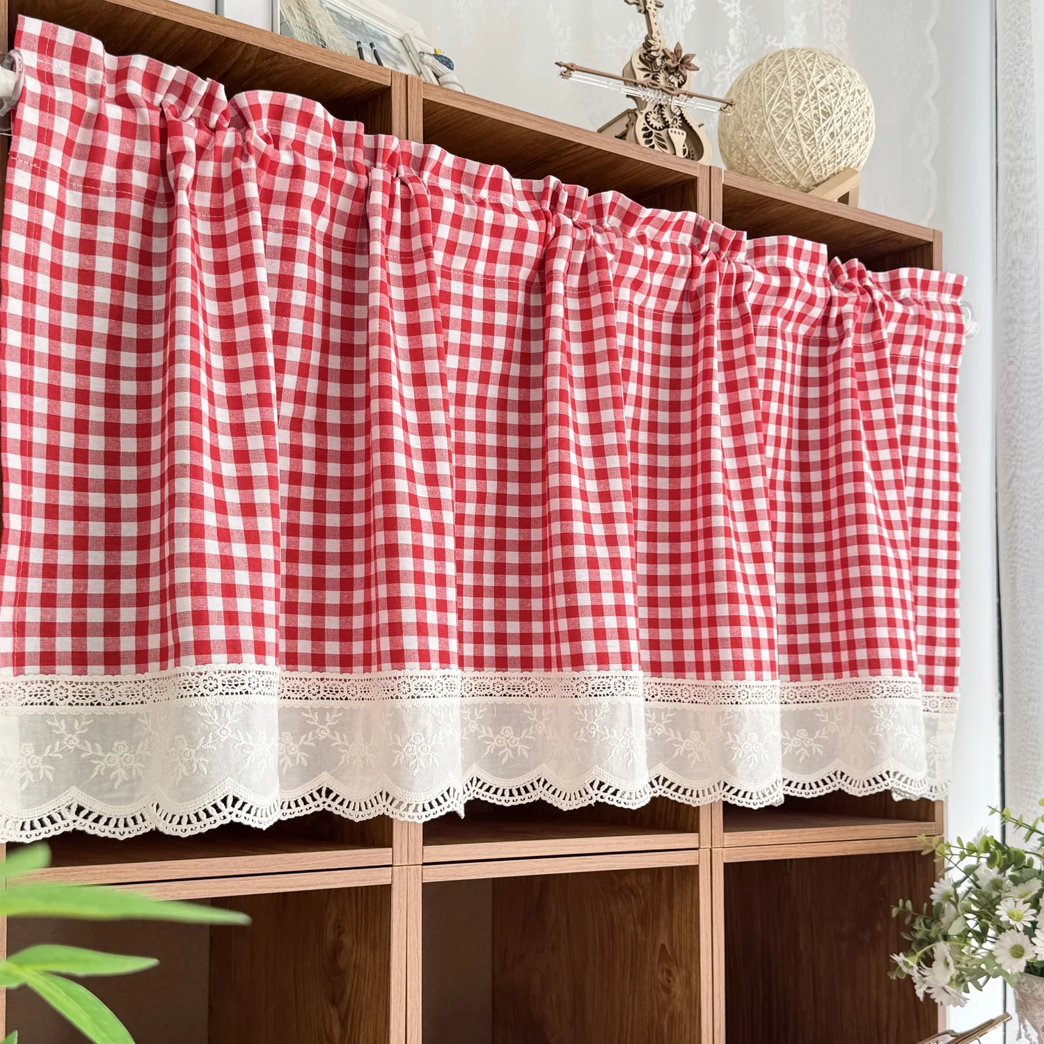 

Romantic Cute Short Curtain in a Single Piece,Red And White Checkered Pattern Fabric,Short Curtains in Dining Rooms, Kitchens