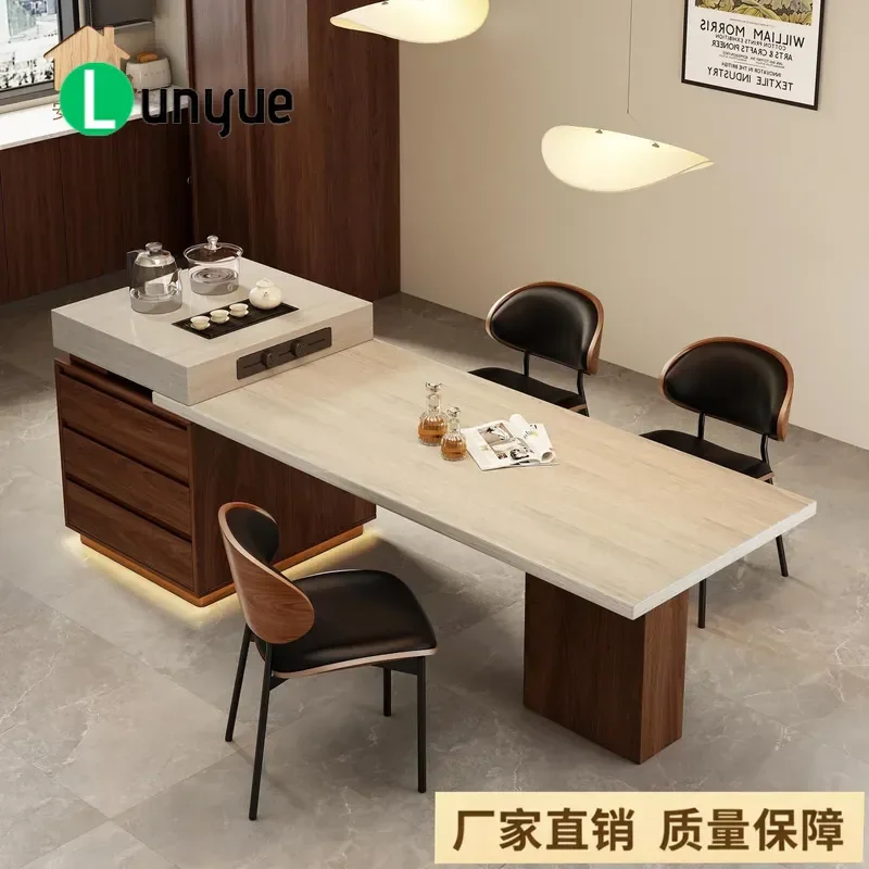 Travertine Rock Slab Island Dining Table Retractable Medieval Style Modern Simple Household Tea Table Multi Function High