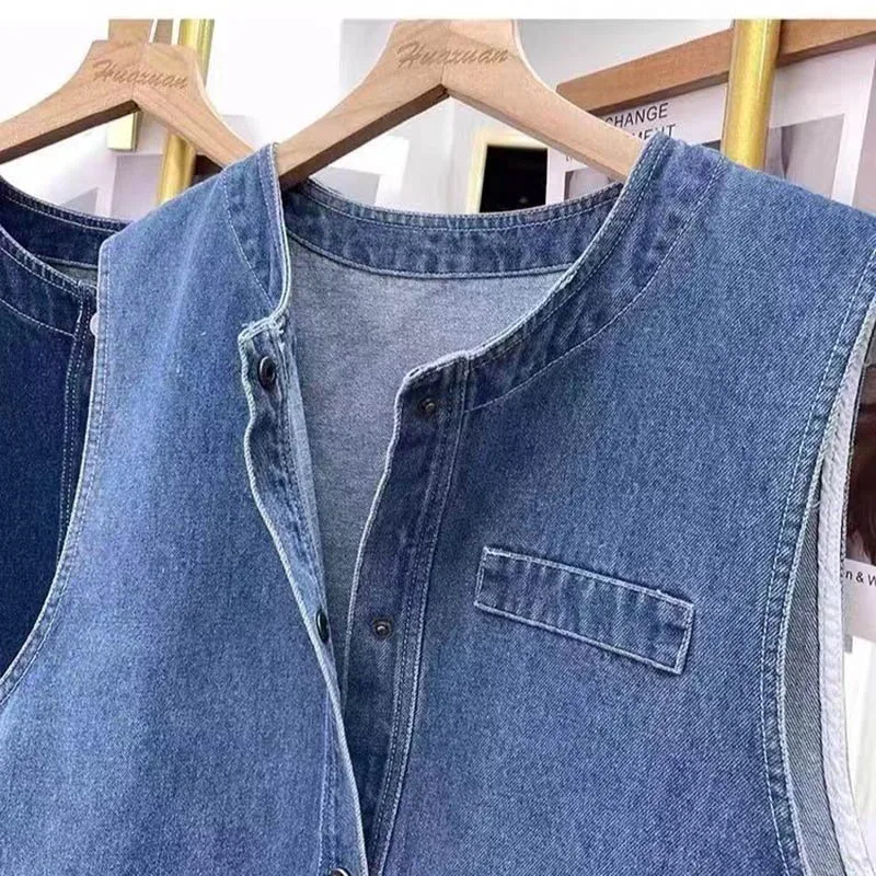 

Spring And Autumn Round Neck Denim Vest Female Loose Simple Fashion Retro 2025 Top Joker Tank Top Sleeveless Jacket Vest Coat