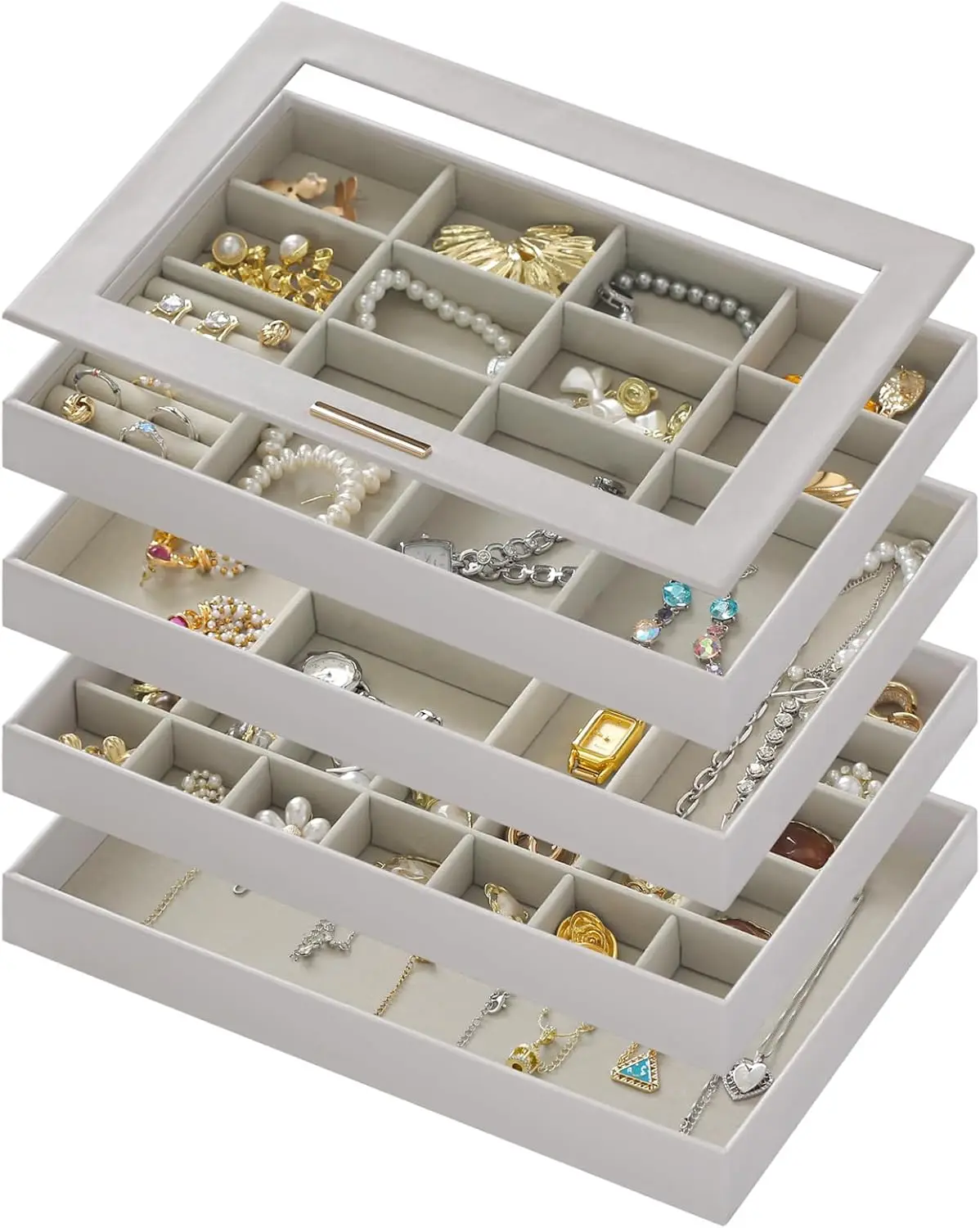 منظمات المجوهرات الكبيرة وصندوق تخزين، 4 طبقات لتنظيم المجوهرات قابلة للتكديس، غطاء شفاف للأدراج #1