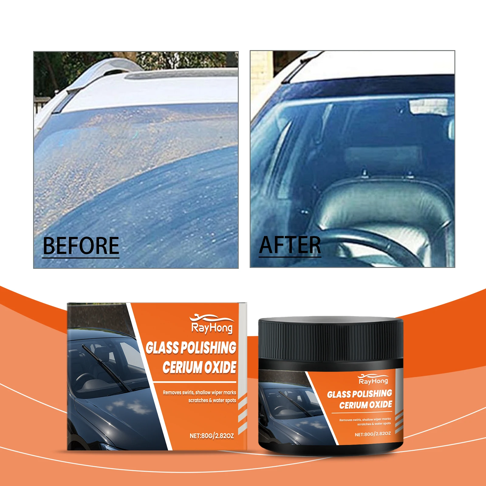 Rayhong Car Glass Polishing Powder, Car Glass Oil Film, Water Stains, Dirt Prevention, Cleaning, Minor Scratches, Care