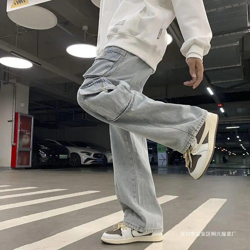 Calça jeans masculina com vários bolso, calça casual de esfregão de perna larga, hip-hop de rua, outono, 2024