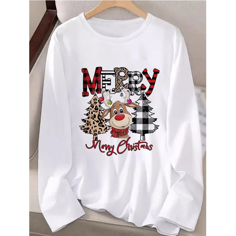 Koszulka damska z długim rękawem z nadrukiem: kreskówkowy, uroczy jeleń, leopard i slogan na choinkę, świąteczna koszulka codzienna.