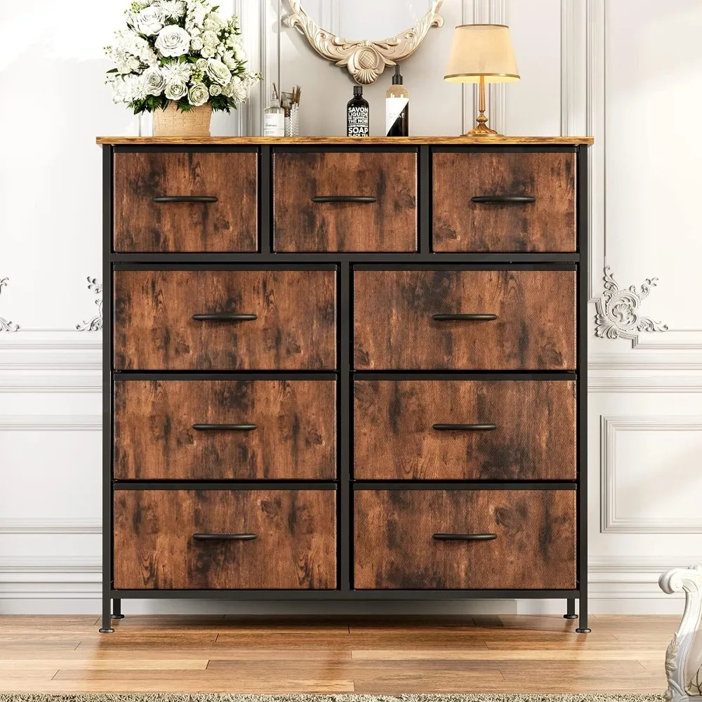 

Rust Brown 9 Storage Drawer Dresser Bedroom Wood Dresser Fabric Storage Tower