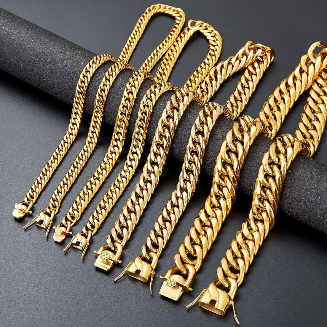 7/9/11/13/16 MM Hip Hop Men Women Gold Tone Metal Heavy Miami Cuban Chain Stainless Steel Necklace & Bracelet 7''-40''