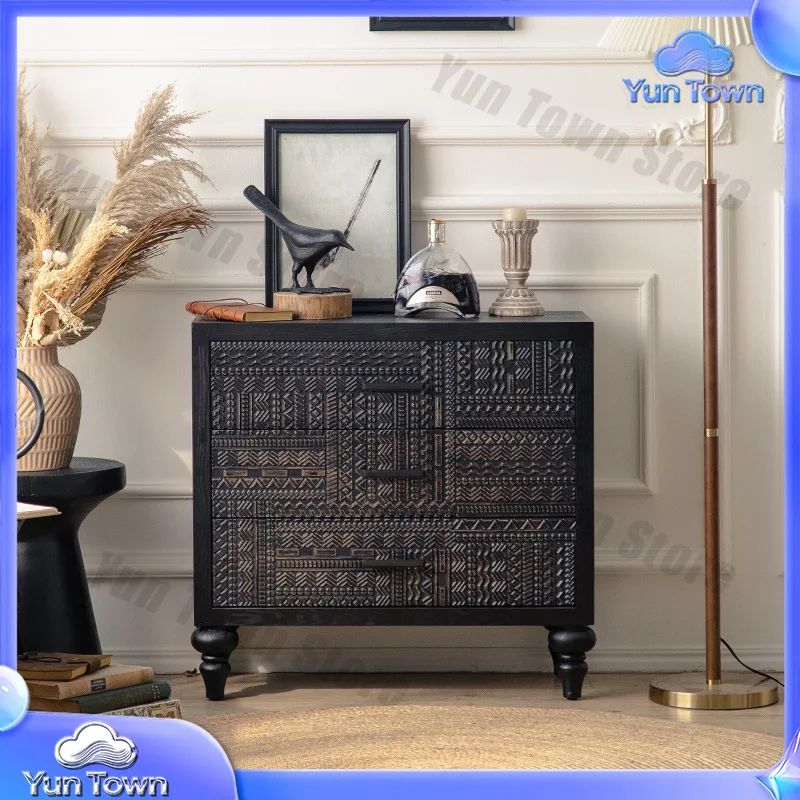 Vintage American Style Carved Sideboard Cabinet for Living Room Hallway Decor Black Distressed Solid Wood Buffet Cabinet for