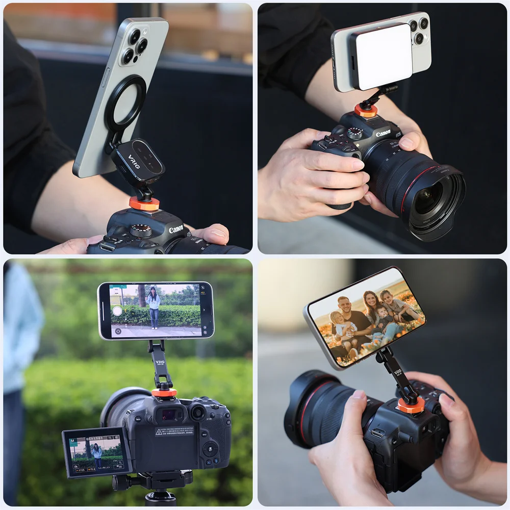 VRIG Magnetic Cold Shoe Mount Phone Holder W 1/4 Phone Tripod Mount for MagSafe iPhone 16 15 14 Samsung Camera Mic Light Monitor