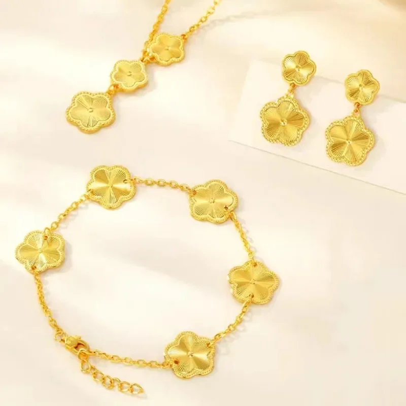 

Womens 18K gold bracelet seasonal necklace with matching bracelet AU750 earring set three-piece set