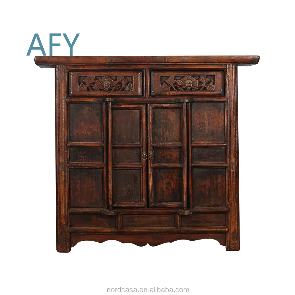 Vintage Chinese Oriental Dining Cabinet for Farmhouse Rustic Traditional Furniture Storage Unit with Antique Finish Wooden