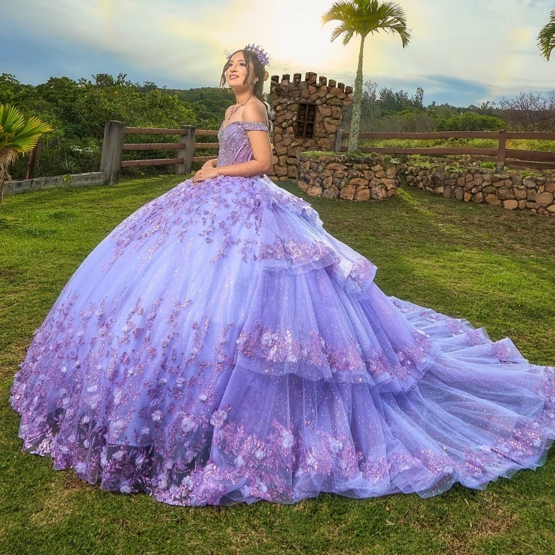 Lavanda brilhante quinceanera vestidos de baile fora do ombro lantejoulas apliques rendas miçangas cristal tull doce 16 vestido vestidos de