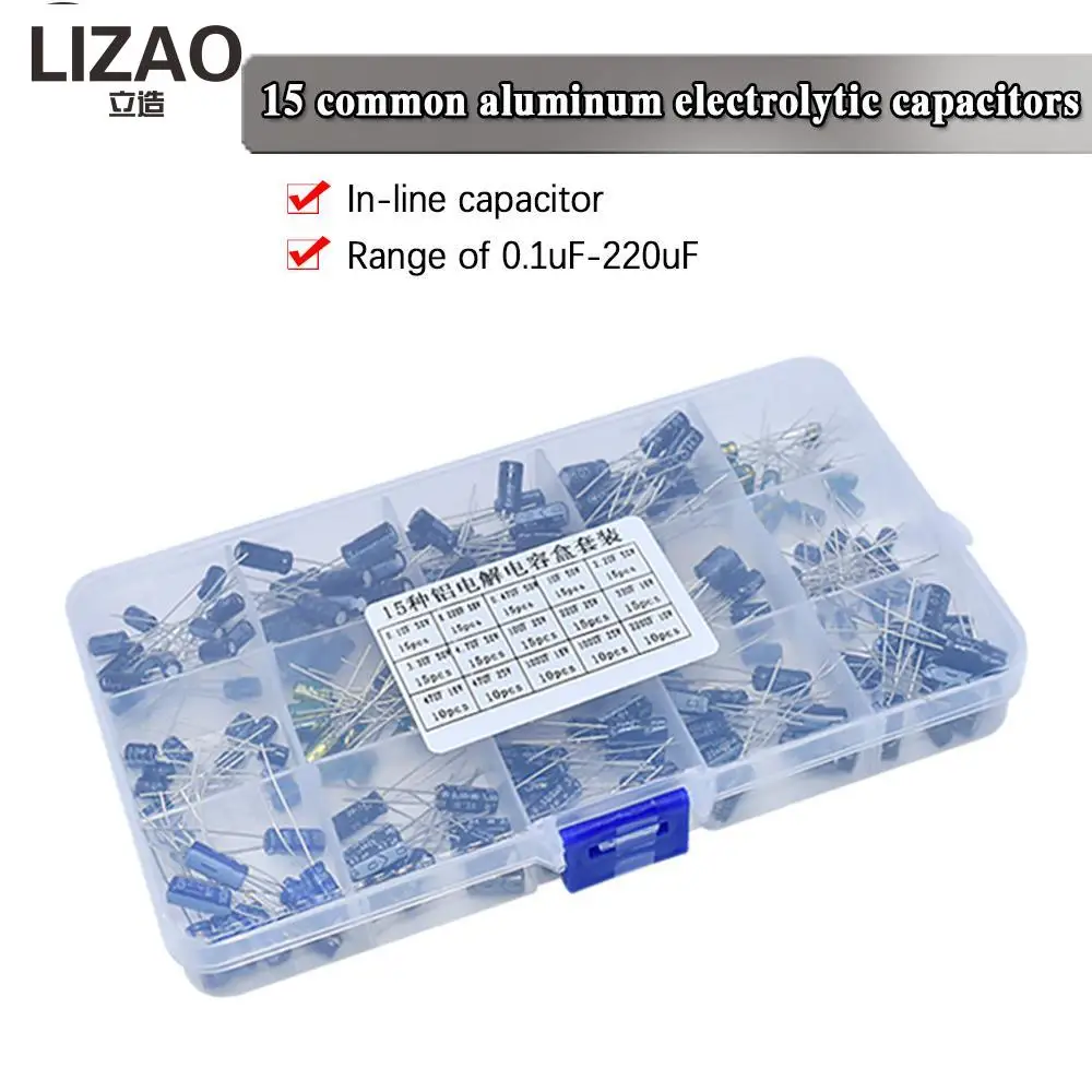 200pcs/lot Radial capacitors set 15Values 10V 16V 25V 50V 0.1uF-220uF Electrolytic Capacitor Assortment Kit 0.22uf 2.2uf 100uf