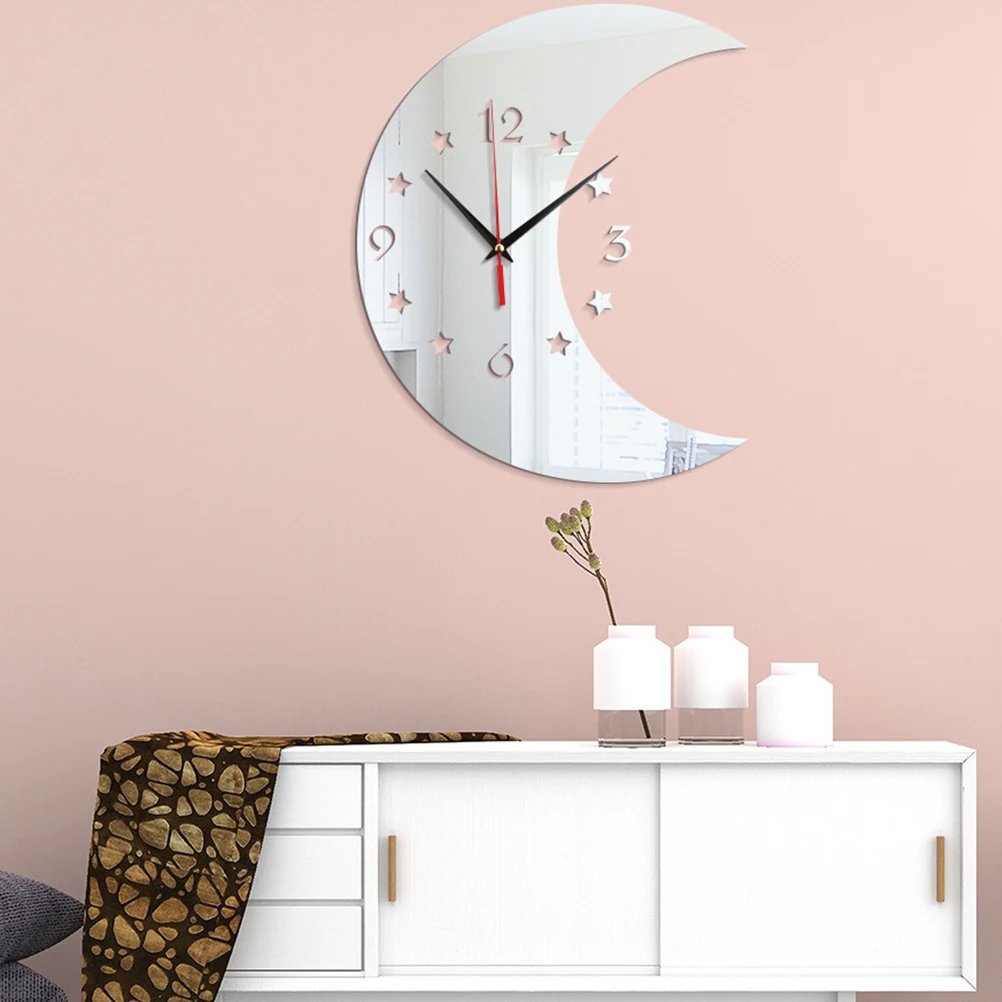 

1Pcs Mirror Surface Wall Clock Black Creative Moon Star Design Hanging Clock Silent for Living Room Bedroom Home