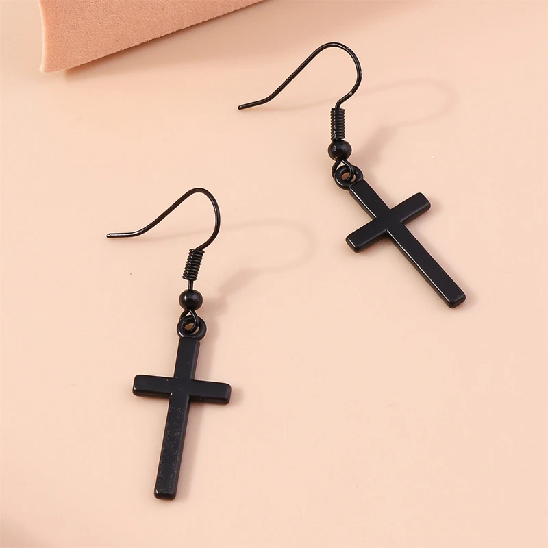 Women's Gothic Black Cross Drop Earrings, Dangle Hook Design